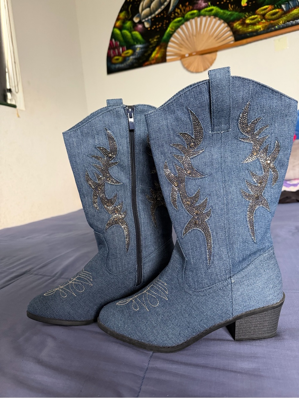 Denim Blue Western Cowgirl Boots with Embroidered Accent
